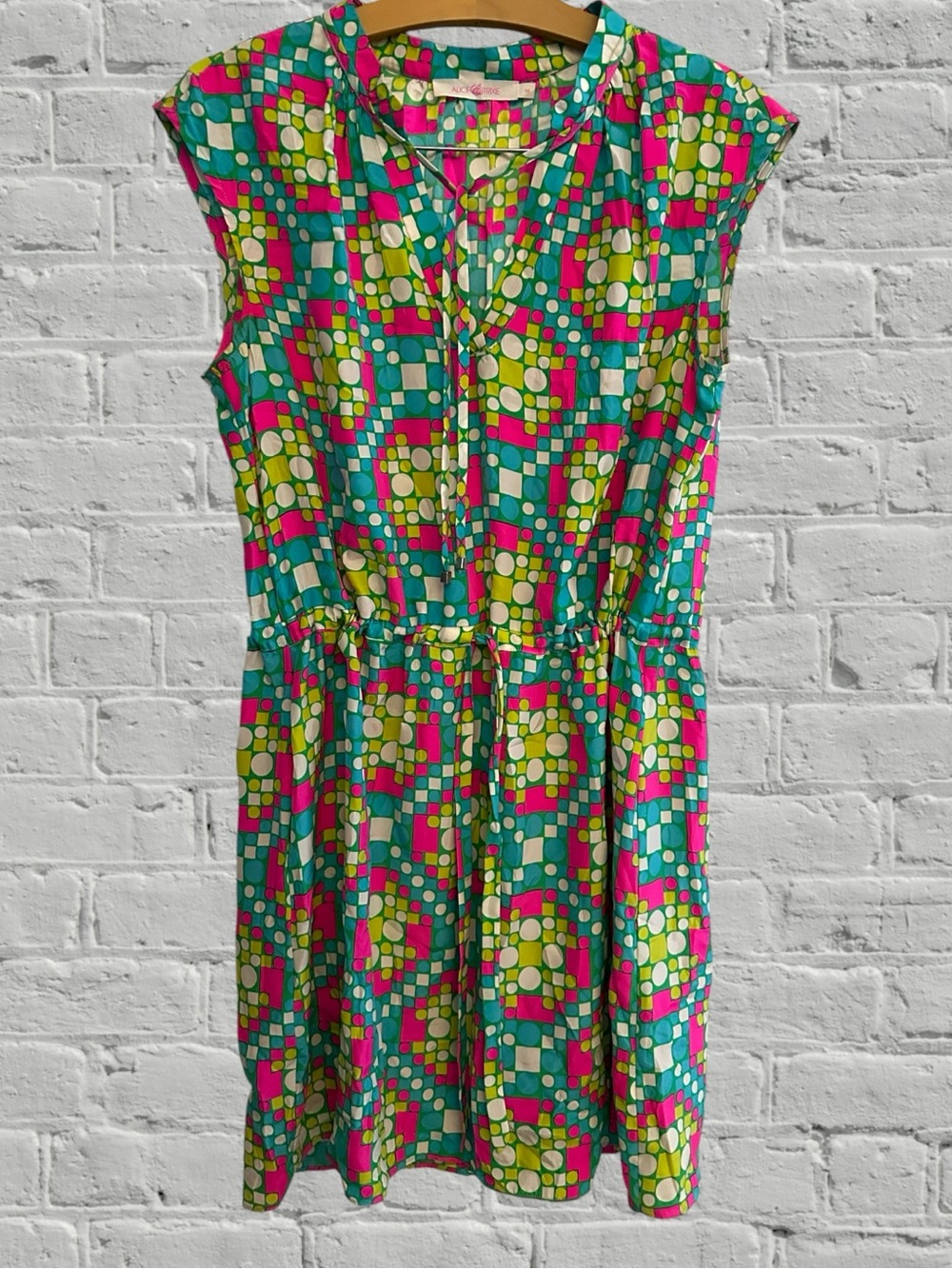 ALICE & TRIXIE COLORFUL GEOMETRIC DRAWSTRING SILK DRESS MEDIUM